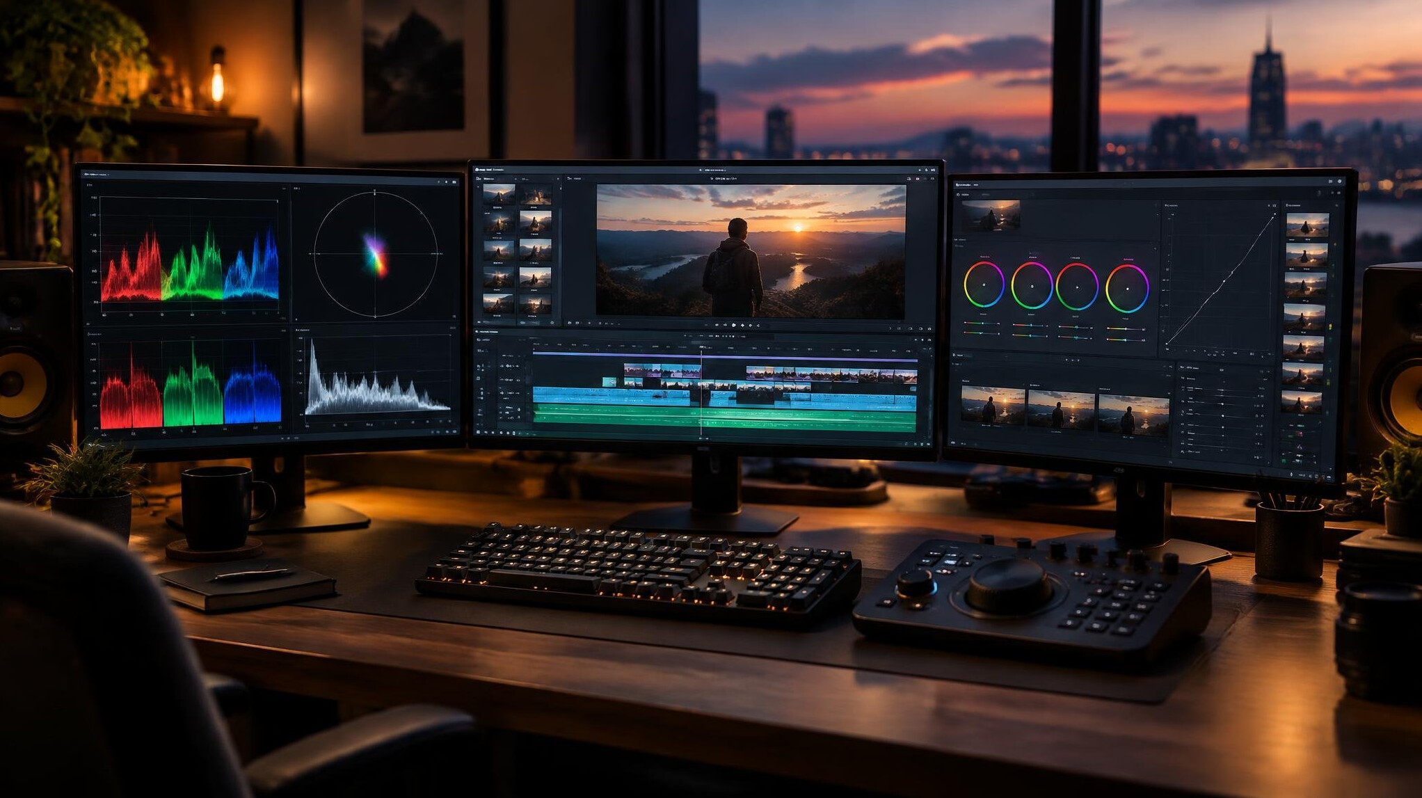 Editing suite with multiple monitors showing a color-graded timeline