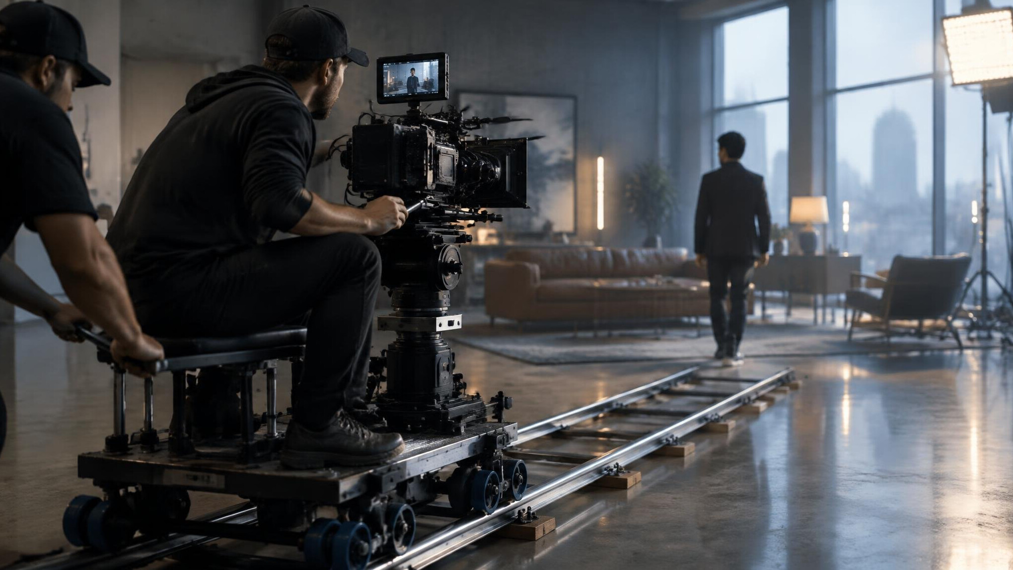 filmmaker using camera dolly