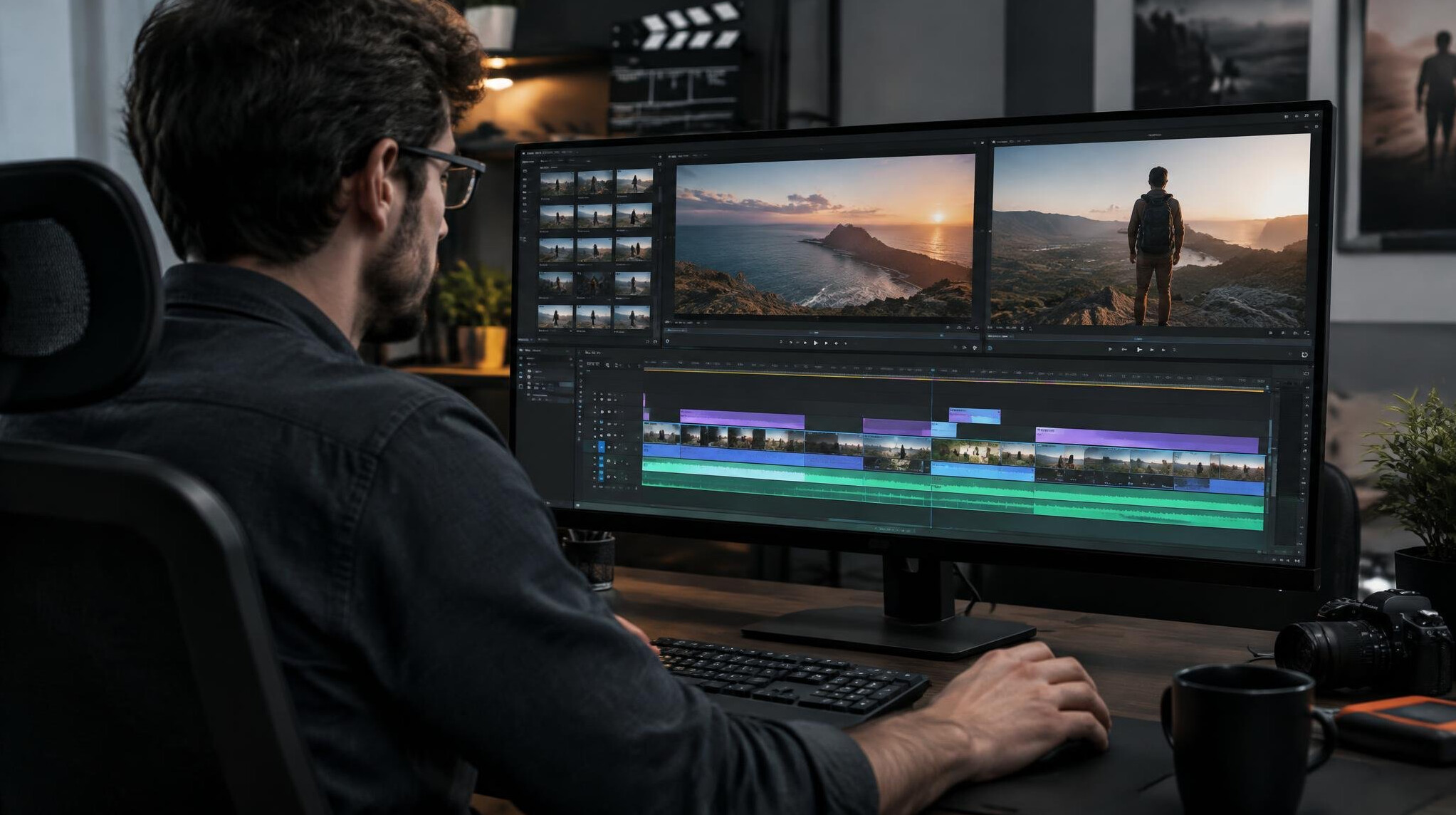 professional video editor at computer