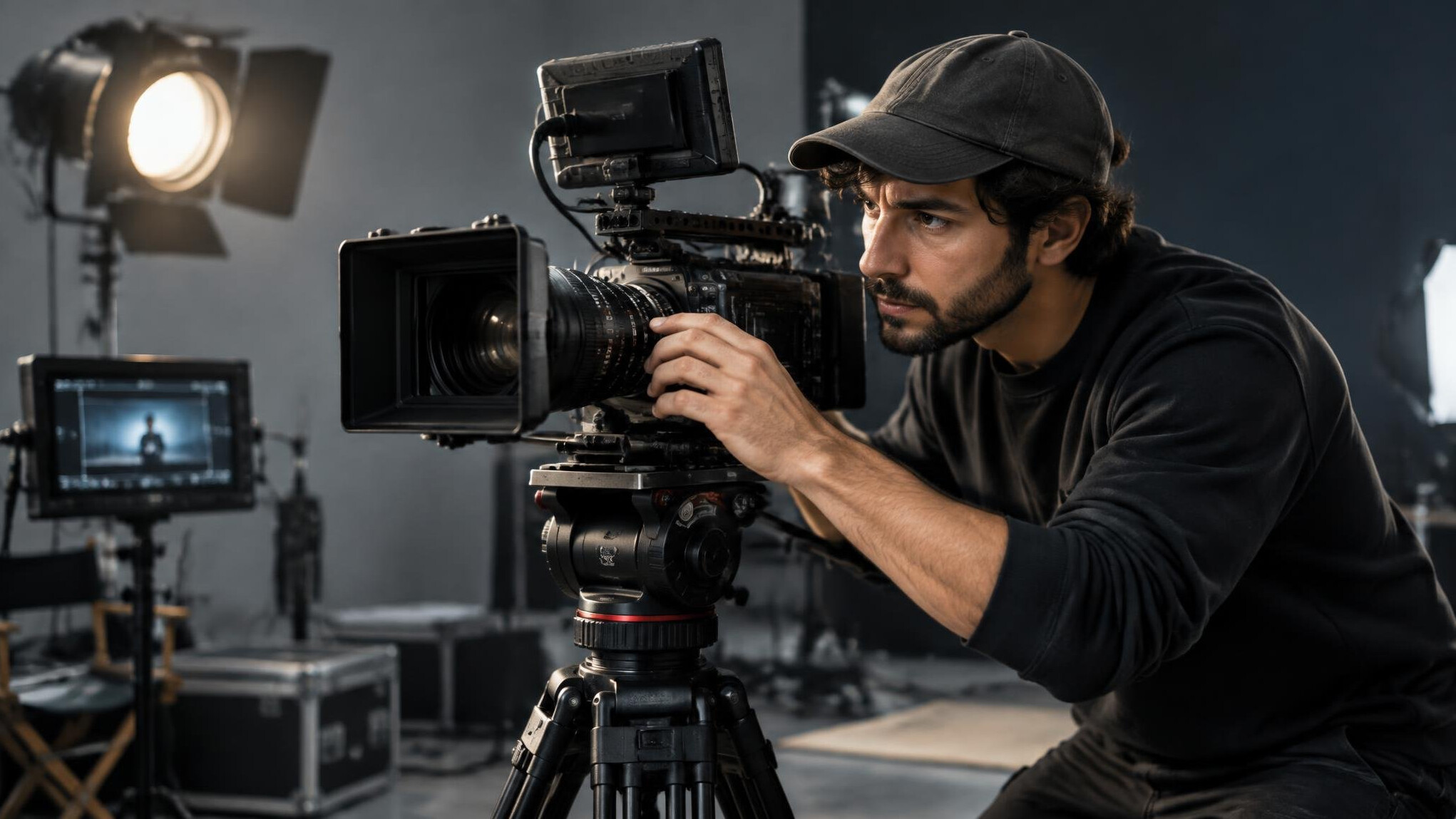 filmmaker testing camera in studio